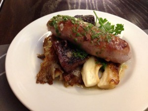 Grilled typical catalon sausage with oyster mushrooms and garlic mayonaise