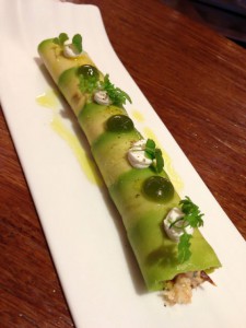 Avocado cannelloni with crab and romesco sauce