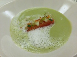 Celery and apple cold soup with marinated salmon